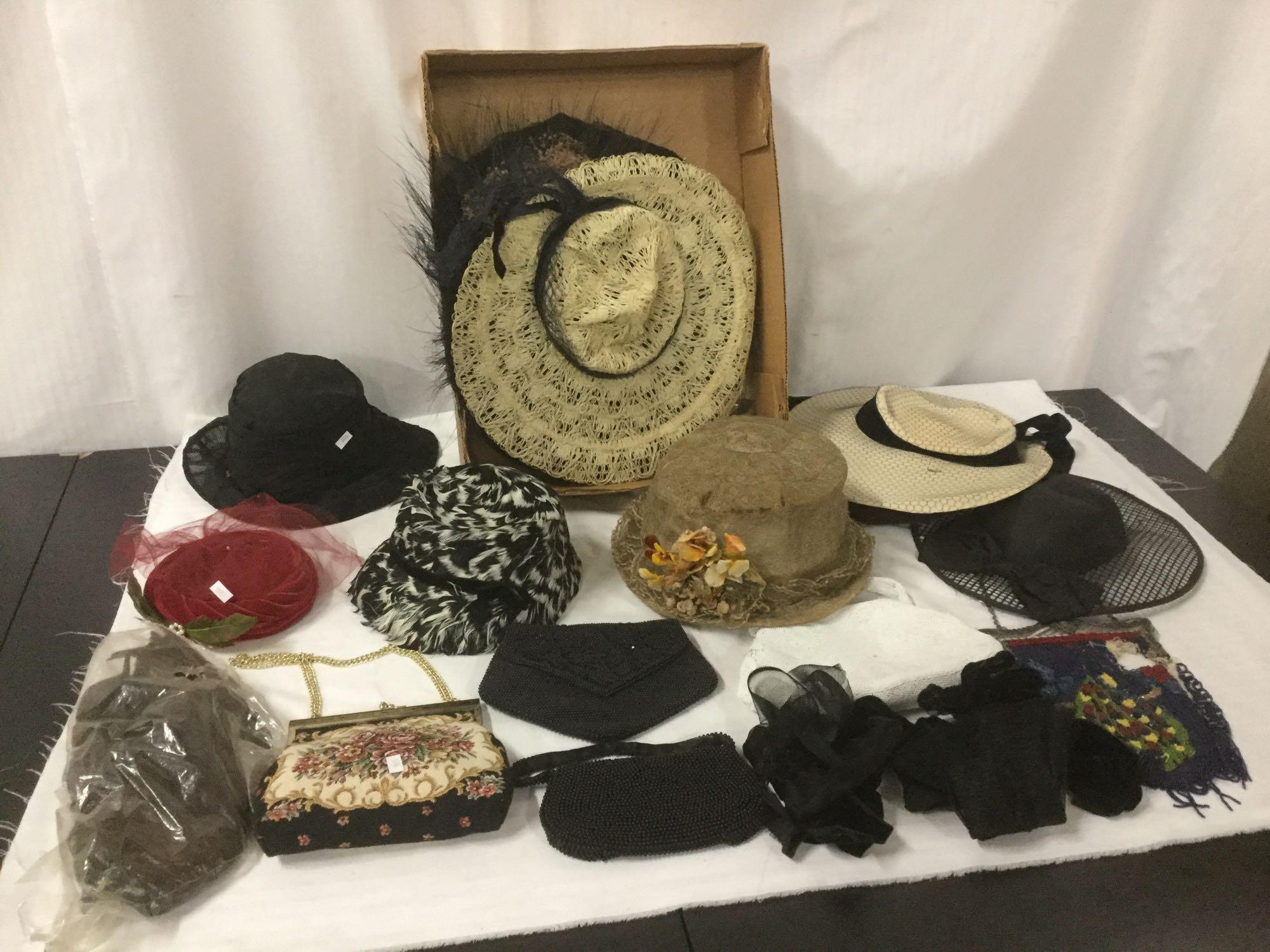 Lot of vintage ladies daytime and evening hats w/ a few purses - various cond