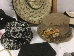Lot of vintage ladies daytime and evening hats w/ a few purses - various cond