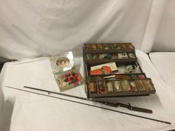Vintage Berkley Parametric Fishing Rod, and Tackle Box full of Lures, bobs, Hooks, etc. see pics