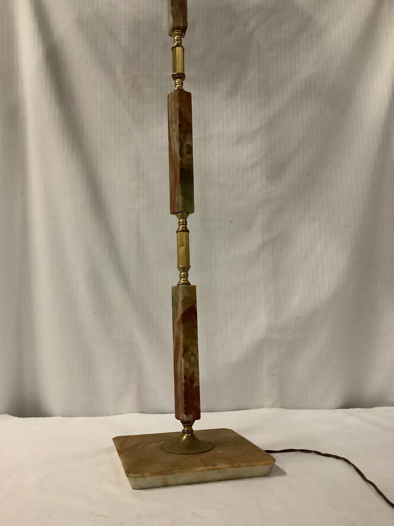 Vintage free standing art deco parlor lamp with marble and brass base/pole and fringe shade