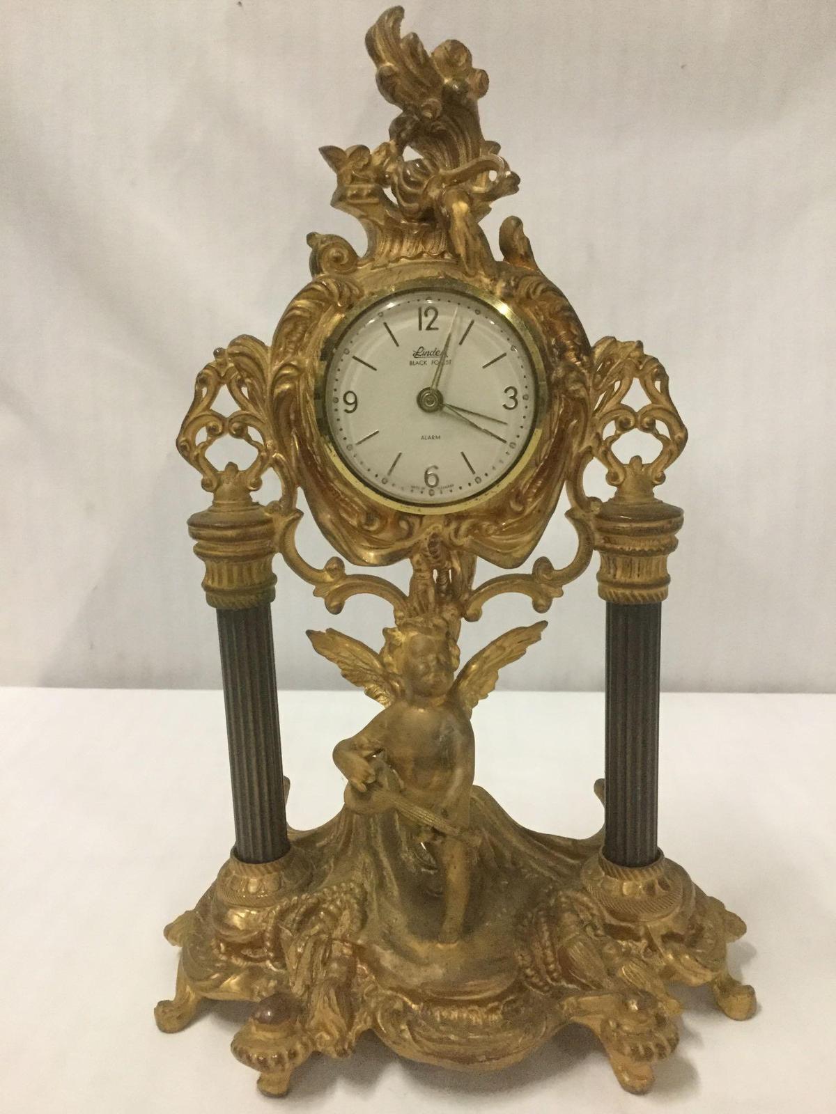 Vintage Linden Gilt Cast Iron Cherub Clock - marked Fichter KG made in Germany