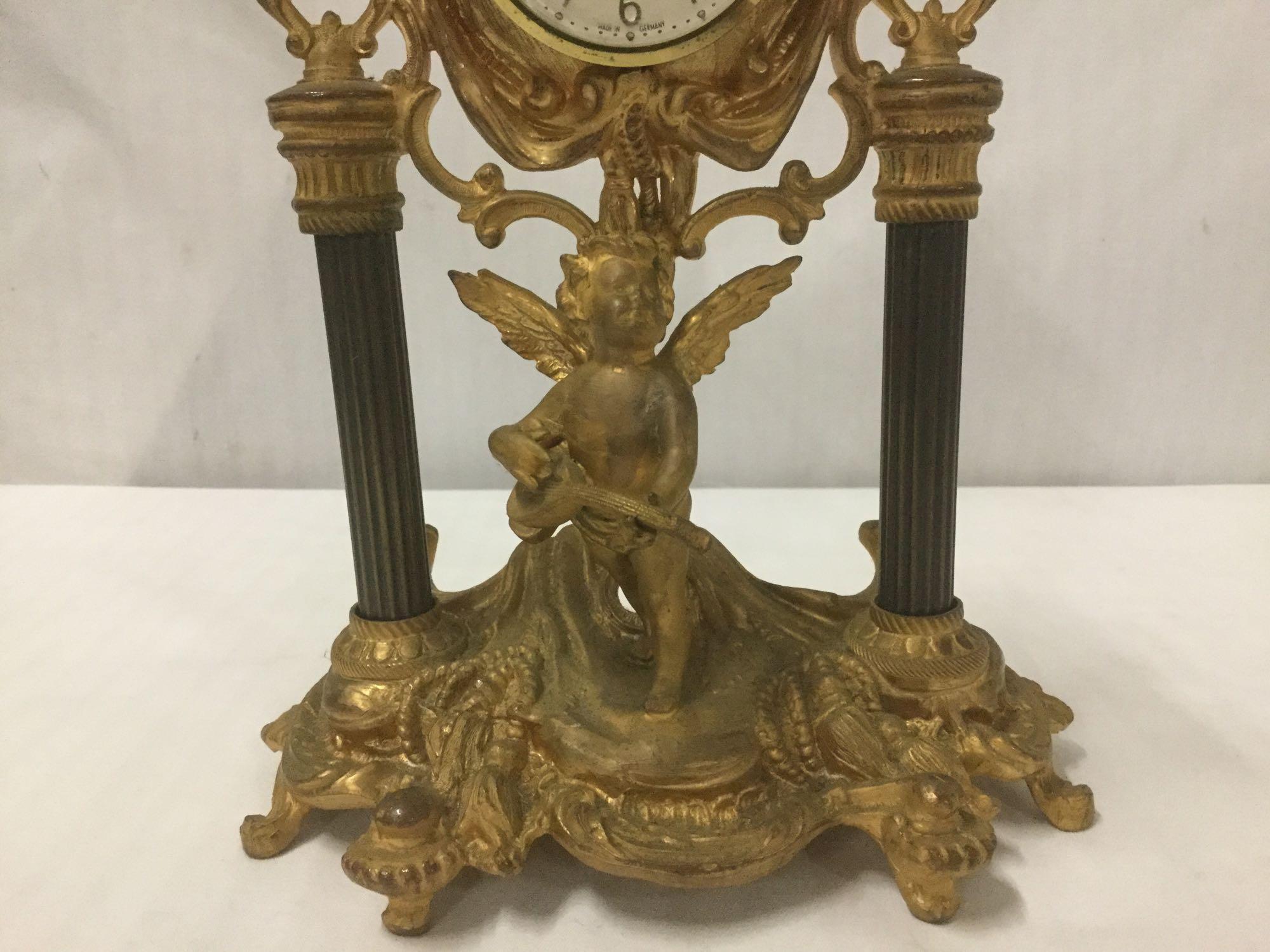 Vintage Linden Gilt Cast Iron Cherub Clock - marked Fichter KG made in Germany