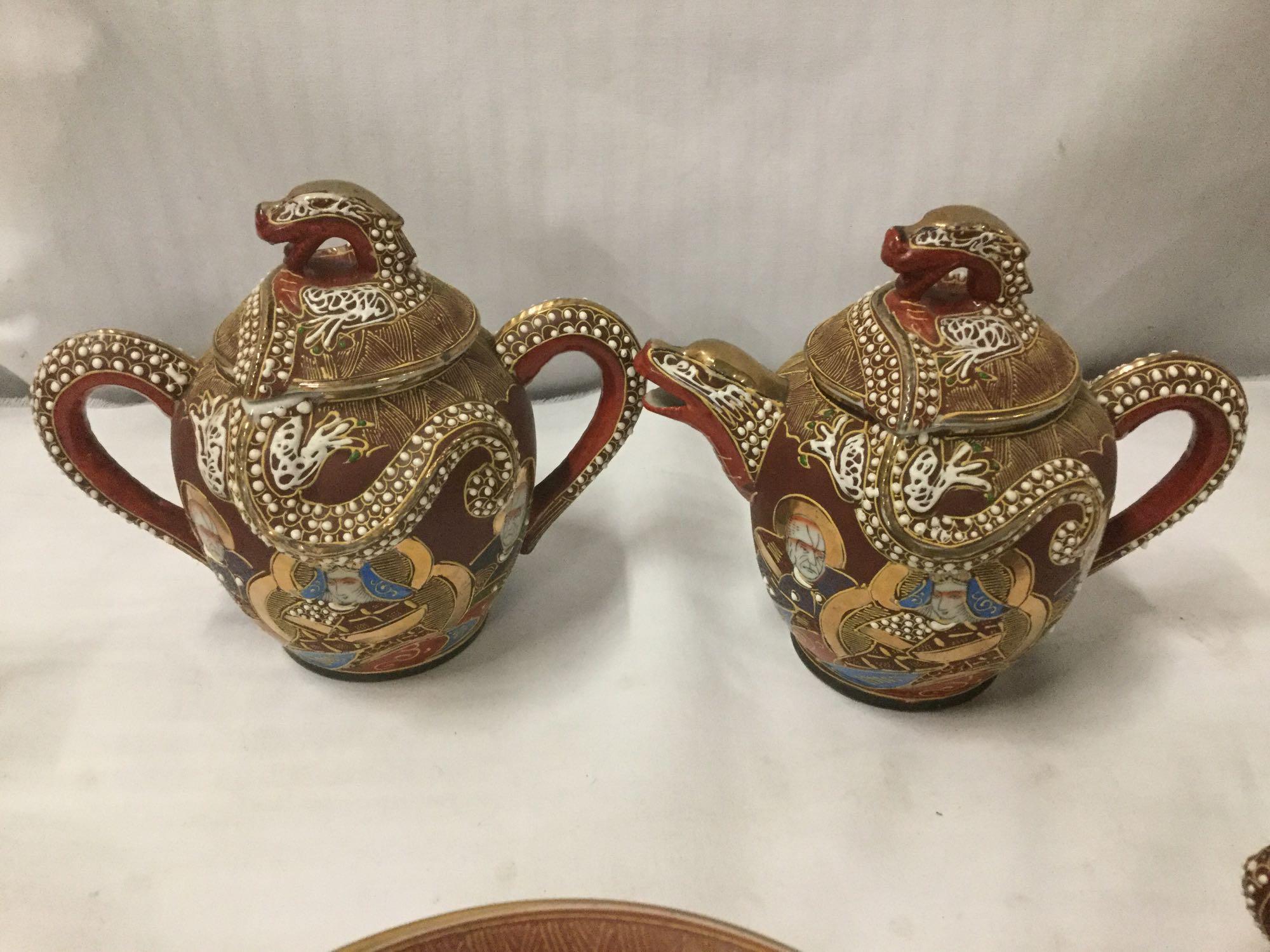 Stunning partial Japanese tea sets incl. 3 Dragon motif Satsuma teapots - handpainted! see pics