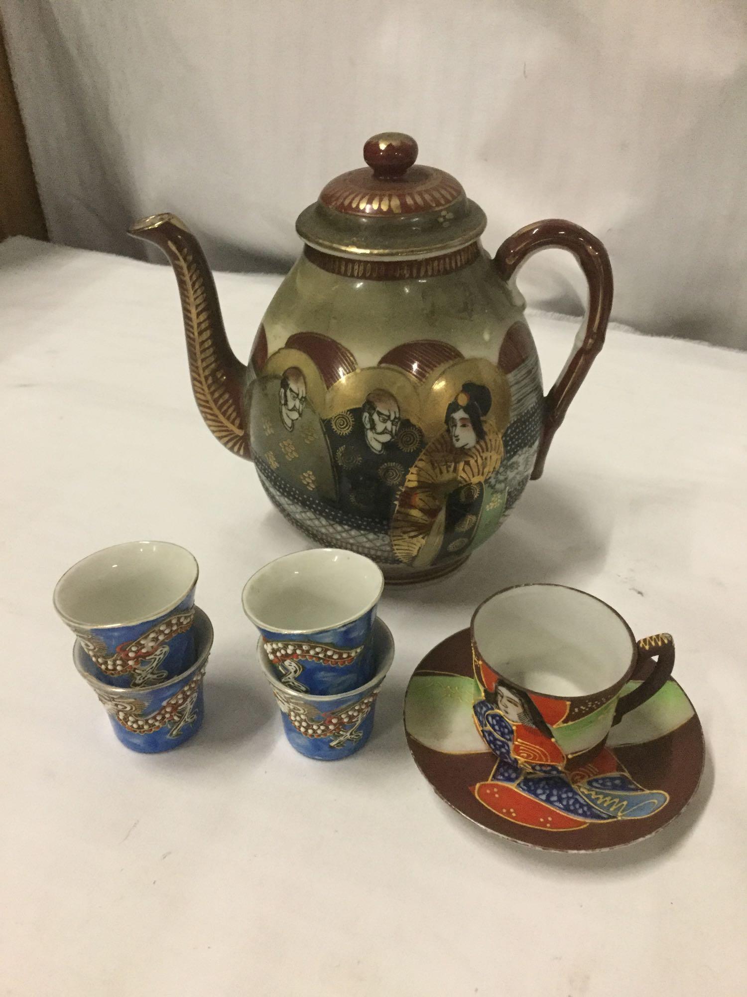 Stunning partial Japanese tea sets incl. 3 Dragon motif Satsuma teapots - handpainted! see pics