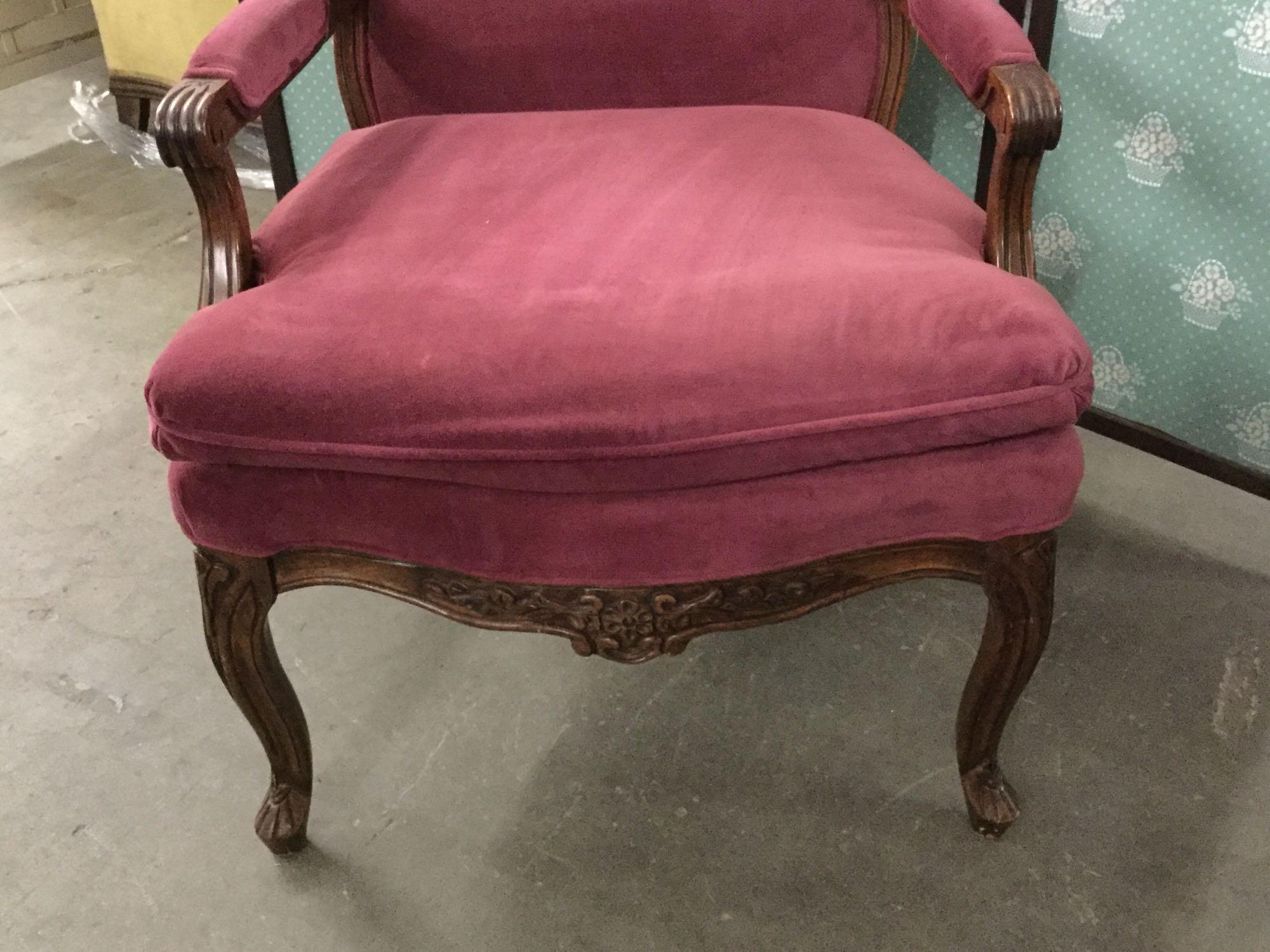 Pair of vintage Bernhardt walnut cushioned arm chairs w/ newer purple upholstery