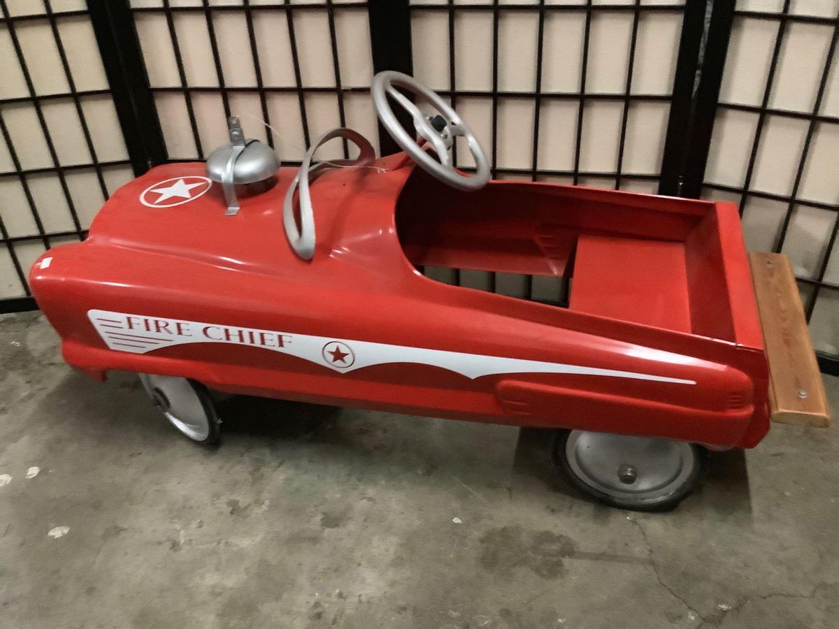 Vintage child?s Fire Chief peddle car, metal, wood and plastic with bell