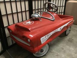 Vintage child?s Fire Chief peddle car, metal, wood and plastic with bell