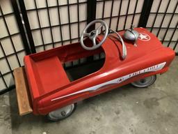 Vintage child?s Fire Chief peddle car, metal, wood and plastic with bell