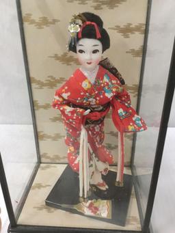 4 Vintage Asian Figures, 1 in shadowbox, x2 Ceramic Statues, and 1 porcelain doll with 4 masks and