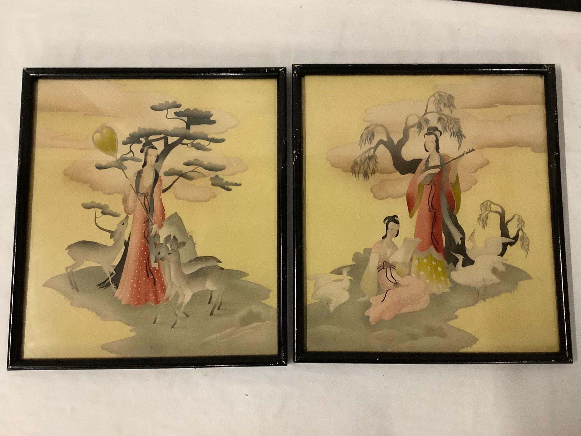2x framed Asian art prints with female figures and wildlife