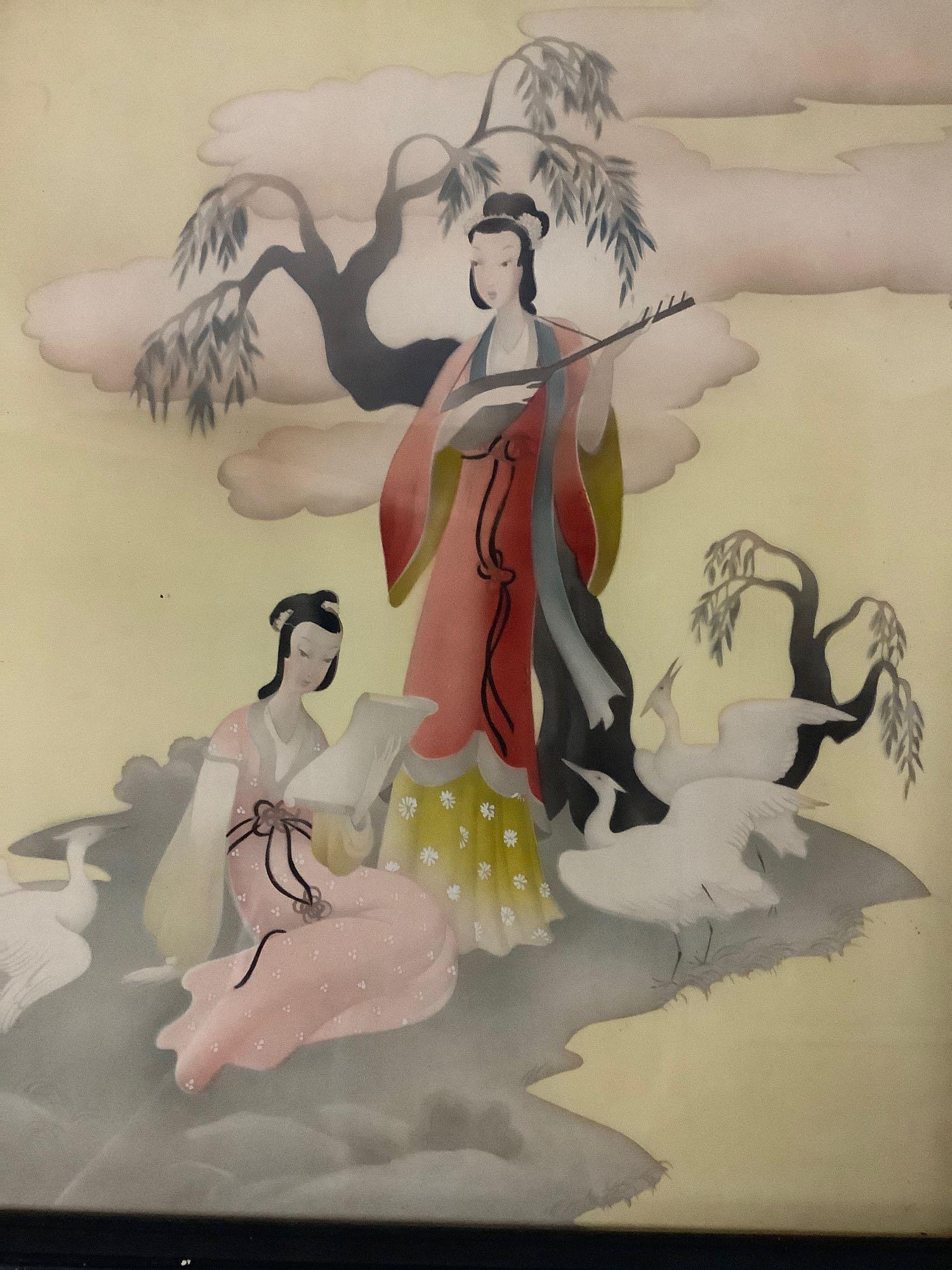 2x framed Asian art prints with female figures and wildlife