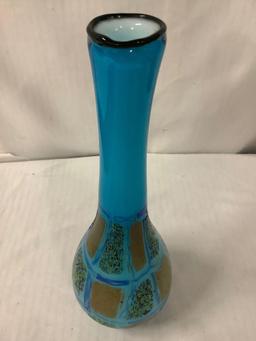 Mid century hand painted blue over white vase - approx 18"