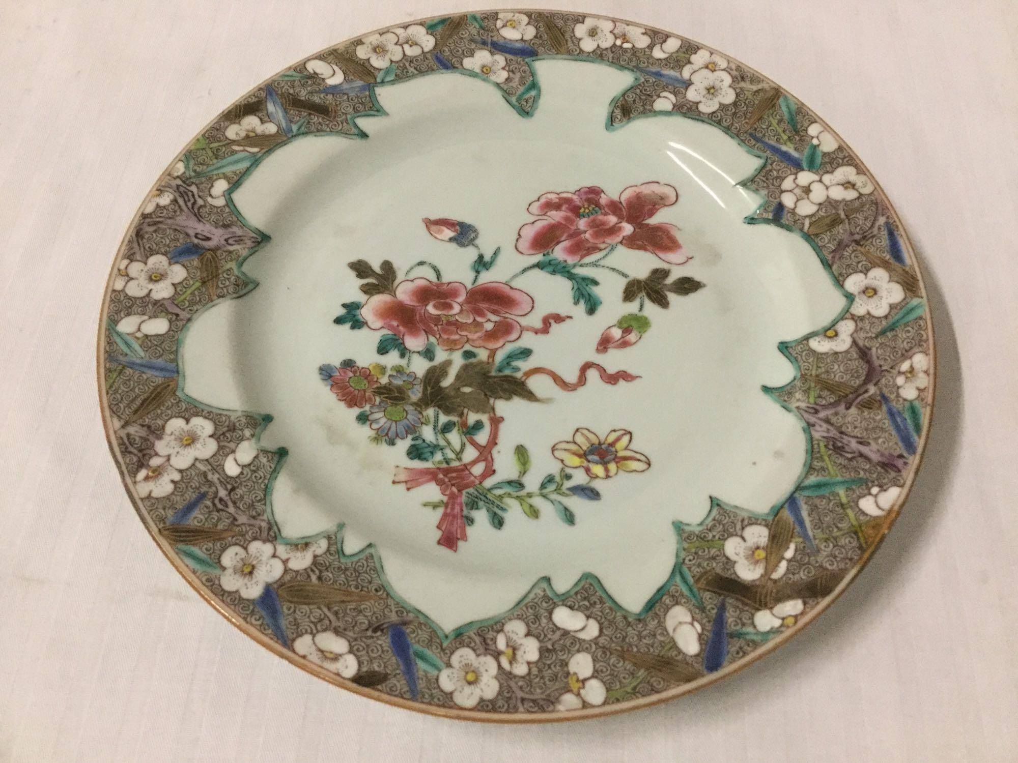 8 antique (circa 1760) hand painted Chinese dinner plates, approx 9 inches - see pics one repaired