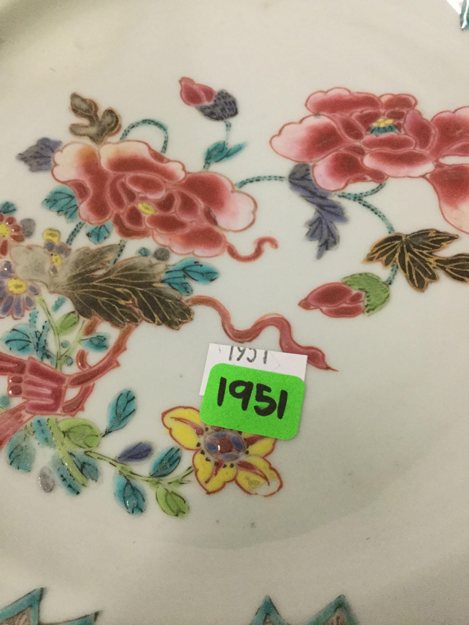 8 antique (circa 1760) hand painted Chinese dinner plates, approx 9 inches - see pics one repaired