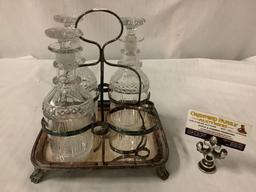 Antique cruet dinner set with silverplate carrier and 3 glass cruets - no makers mark