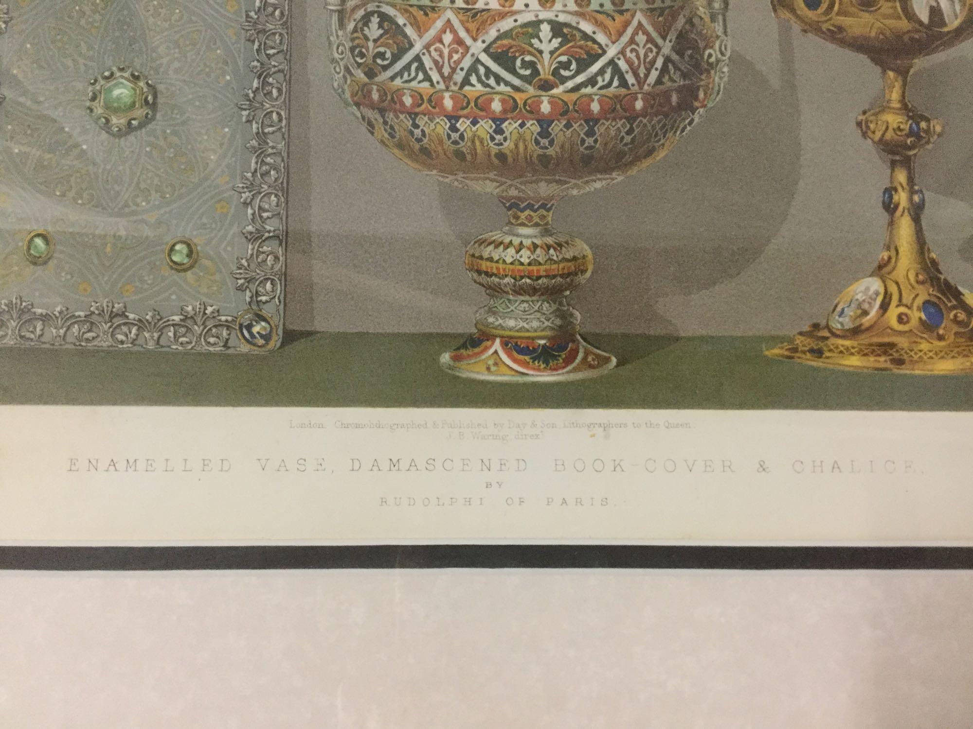 Vintage still life print in frame - Enameled Vase Damascened Book Cover & Chalice by Rudolf of Paris