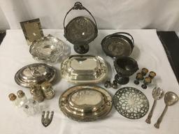 Collection of silverplate home decor - covered serving dishes, elevated dishes etc