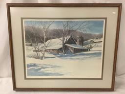 Framed ltd ed print of a winter farm - "Haybarn" by N. Taylor Stonington 1976 #'d 232/250 & signed