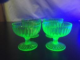 4pc set of vintage Vaseline glass footed sherbet glasses