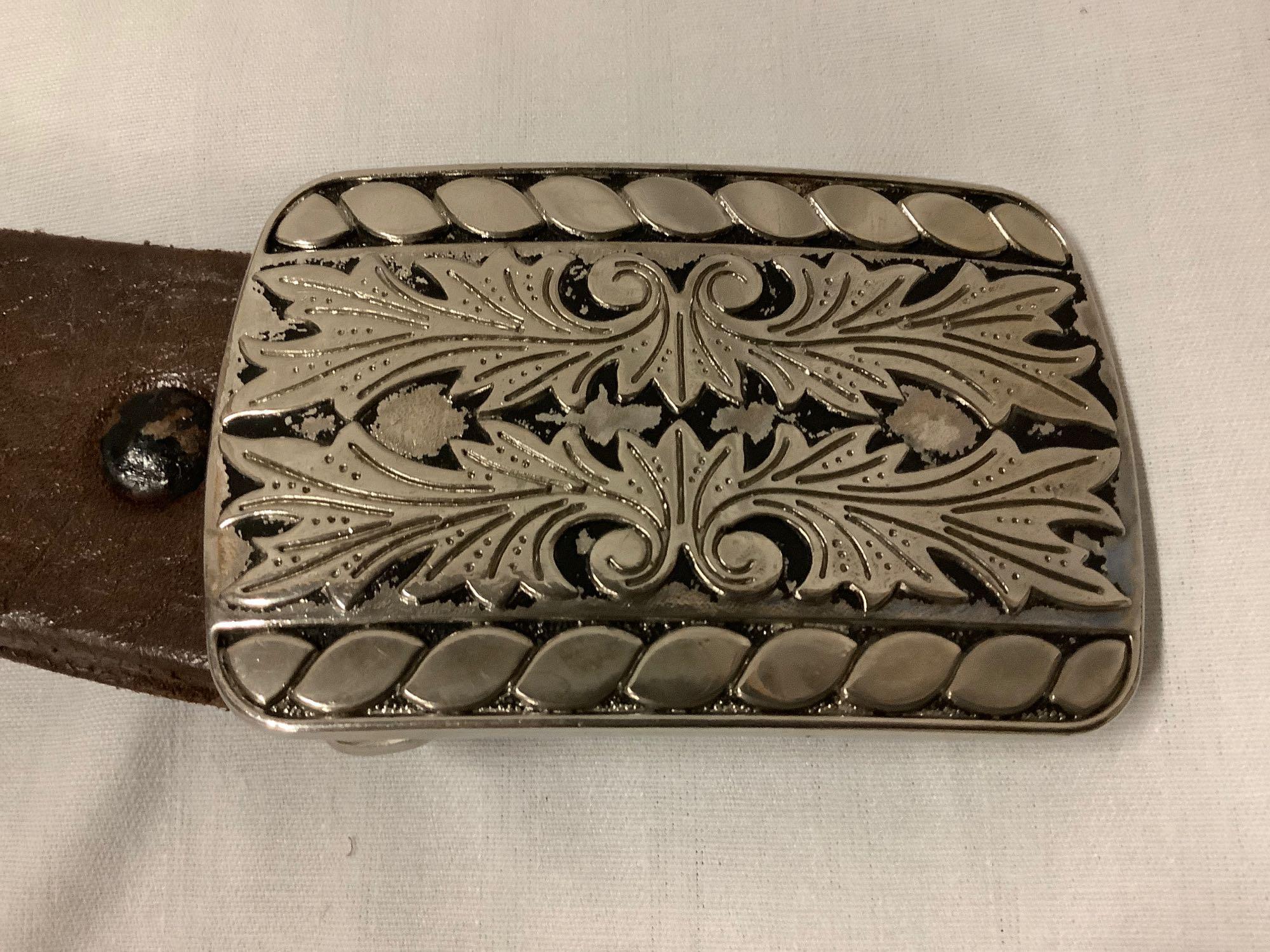 Vintage men?s leather braided belt with etched metal buckle, approx 40 inches total length