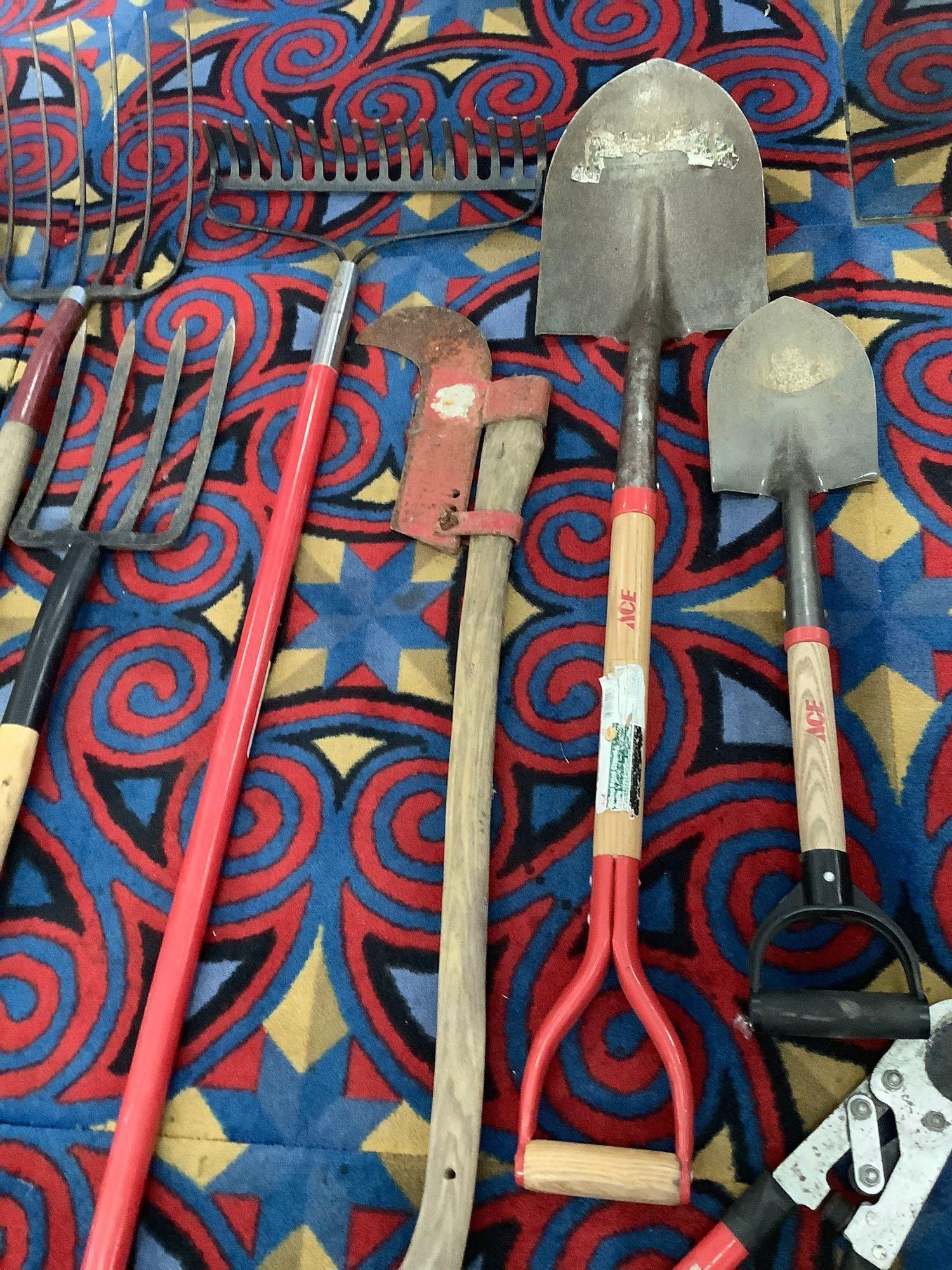 9 yard tools; Structron shovel, Ames spading fork, rake, Ace shovels, and more see pics