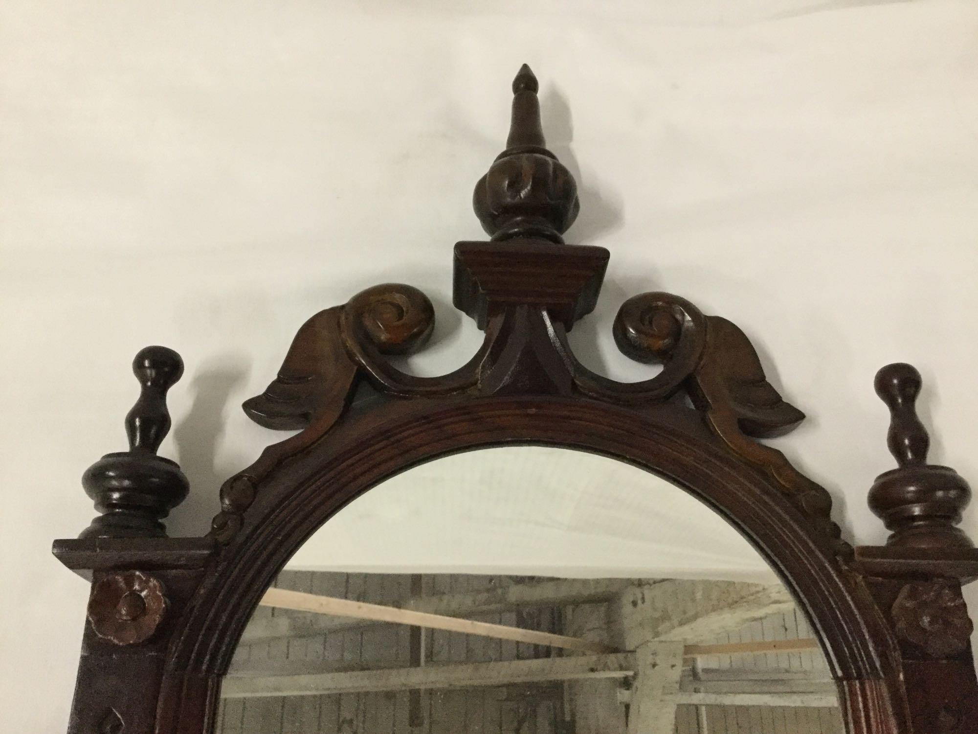 Antique renaissance revival style carved wall mirror with shelf and 2 small drawers