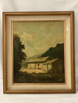 Framed original landscape and barns oil painting signed by artist by Jorge Braun Tarallo