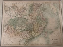Professionally framed tinted map of mainland China drawn and engraved by J. Bartholomew