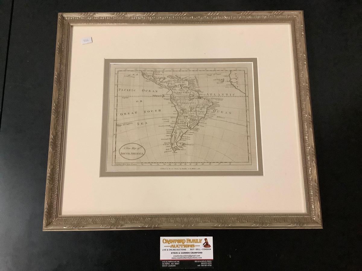 Antique framed engraved map of South America, title: A New Map of South America by Harrison and Co.