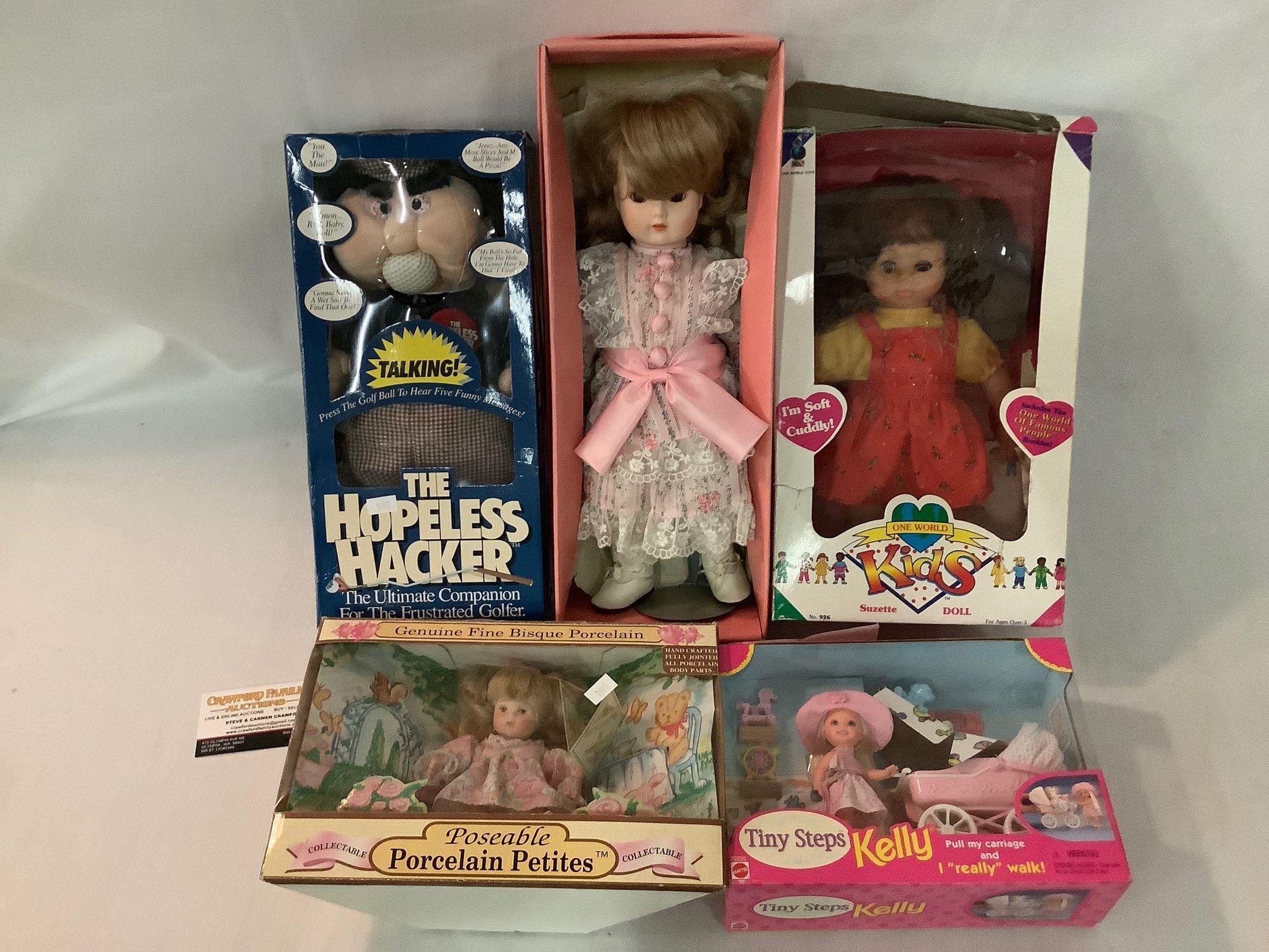 5x dolls in original boxes; Bradley Collector Porcelain, Tiny Steps Kelly, One World Kids, The