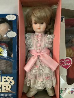 5x dolls in original boxes; Bradley Collector Porcelain, Tiny Steps Kelly, One World Kids, The