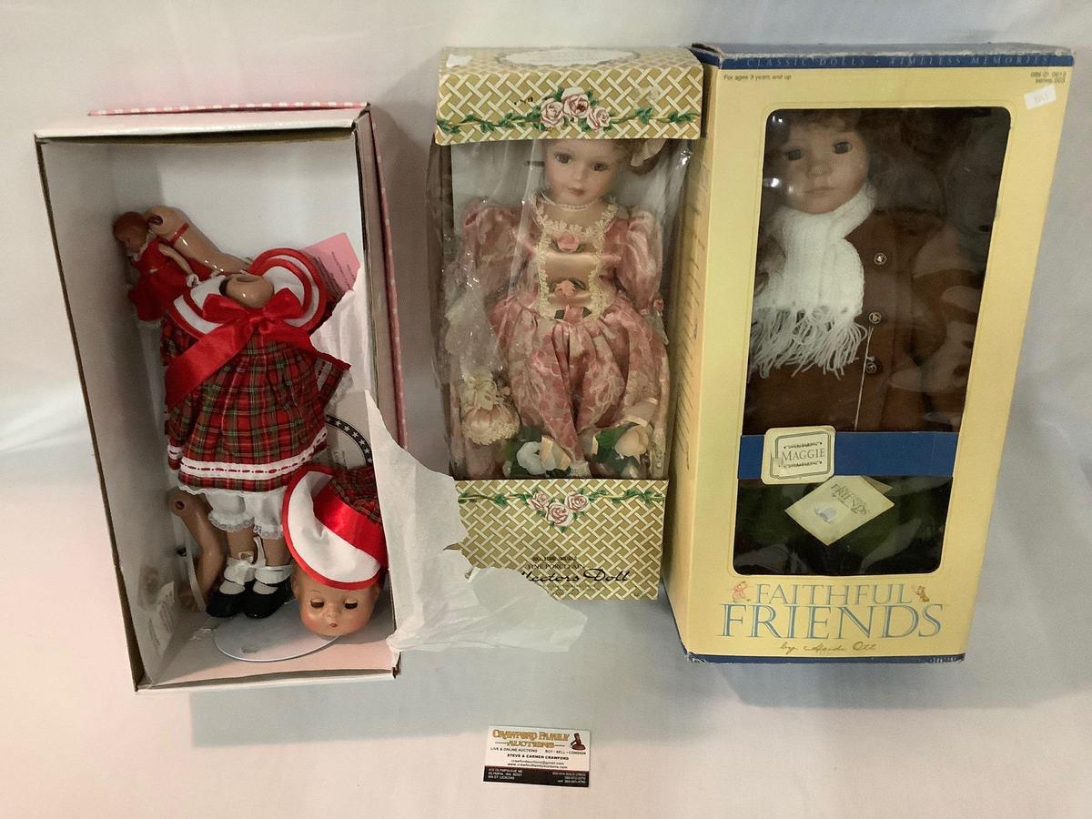 3x collectors dolls in original boxes; Effanbee 1996 Patsy Joan (head off), Crownie fine porcelain,