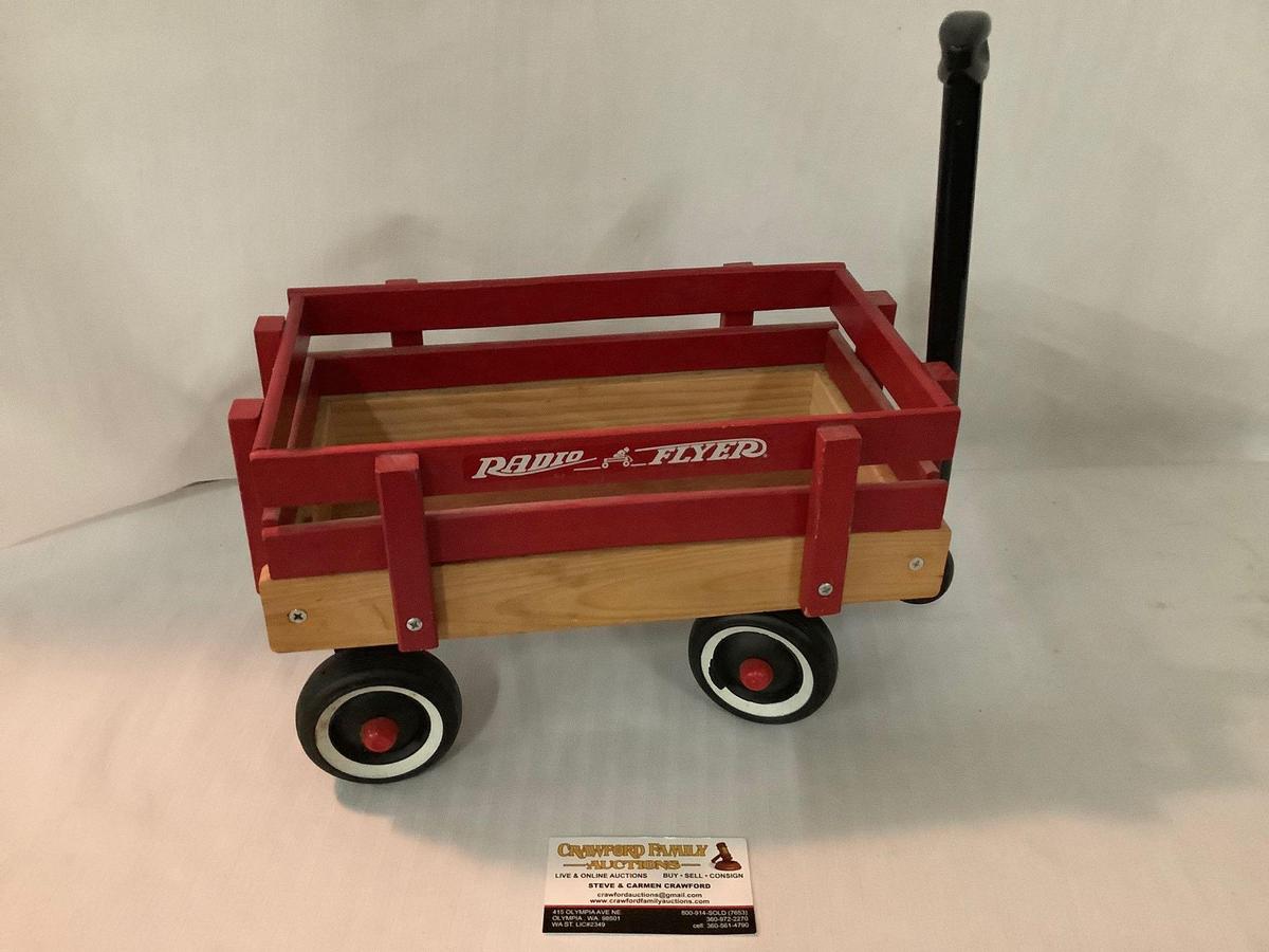 Vintage Radio Flyer doll size red pull wagon, wood and plastic approx 24x8x8 inches.