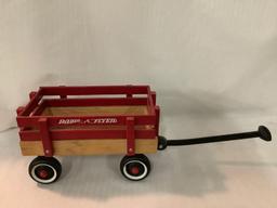 Vintage Radio Flyer doll size red pull wagon, wood and plastic approx 24x8x8 inches.