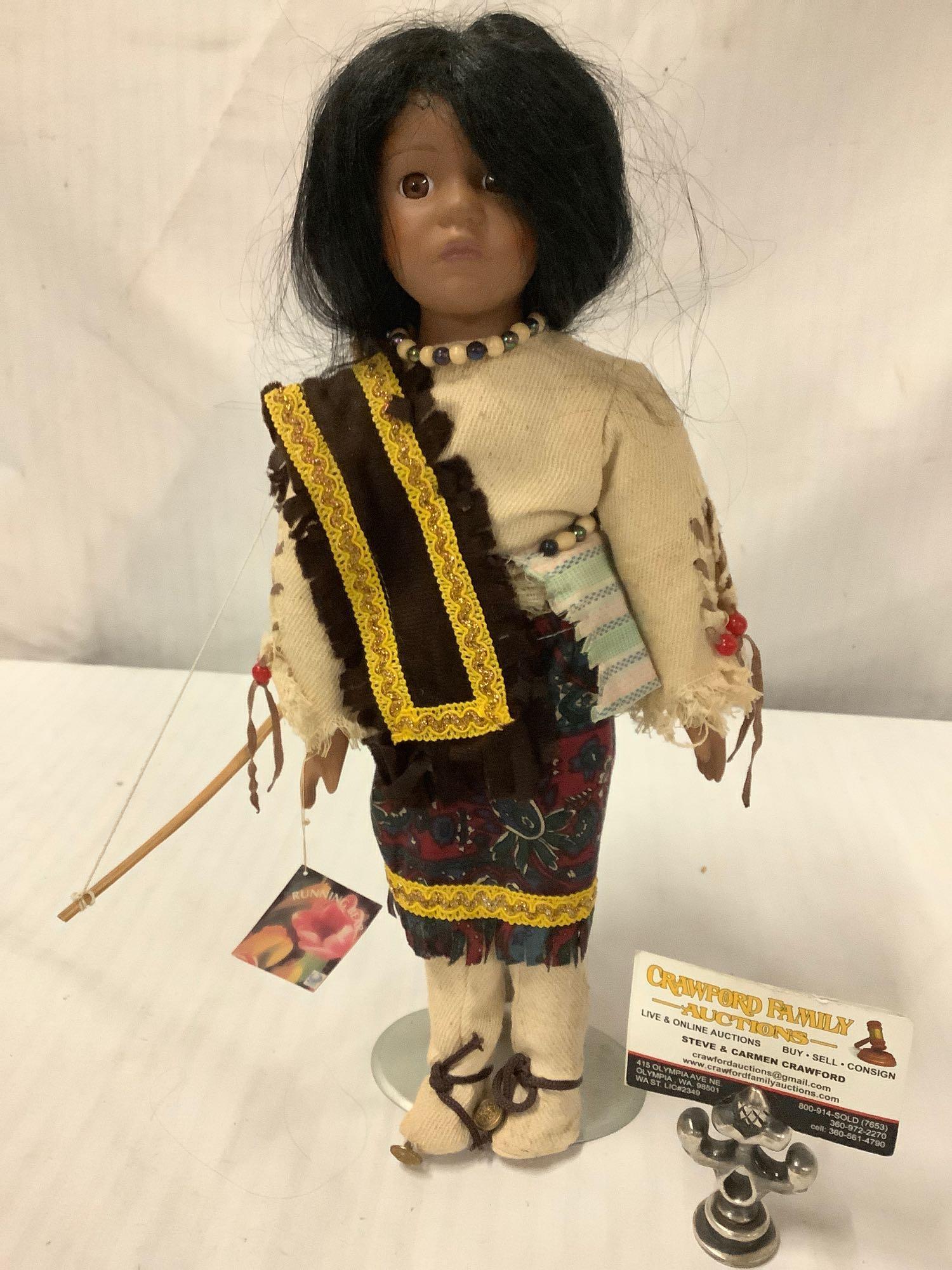 Limited Edition Native American designed porcelain doll by Running Bear, with tag/COA, approx 16x6