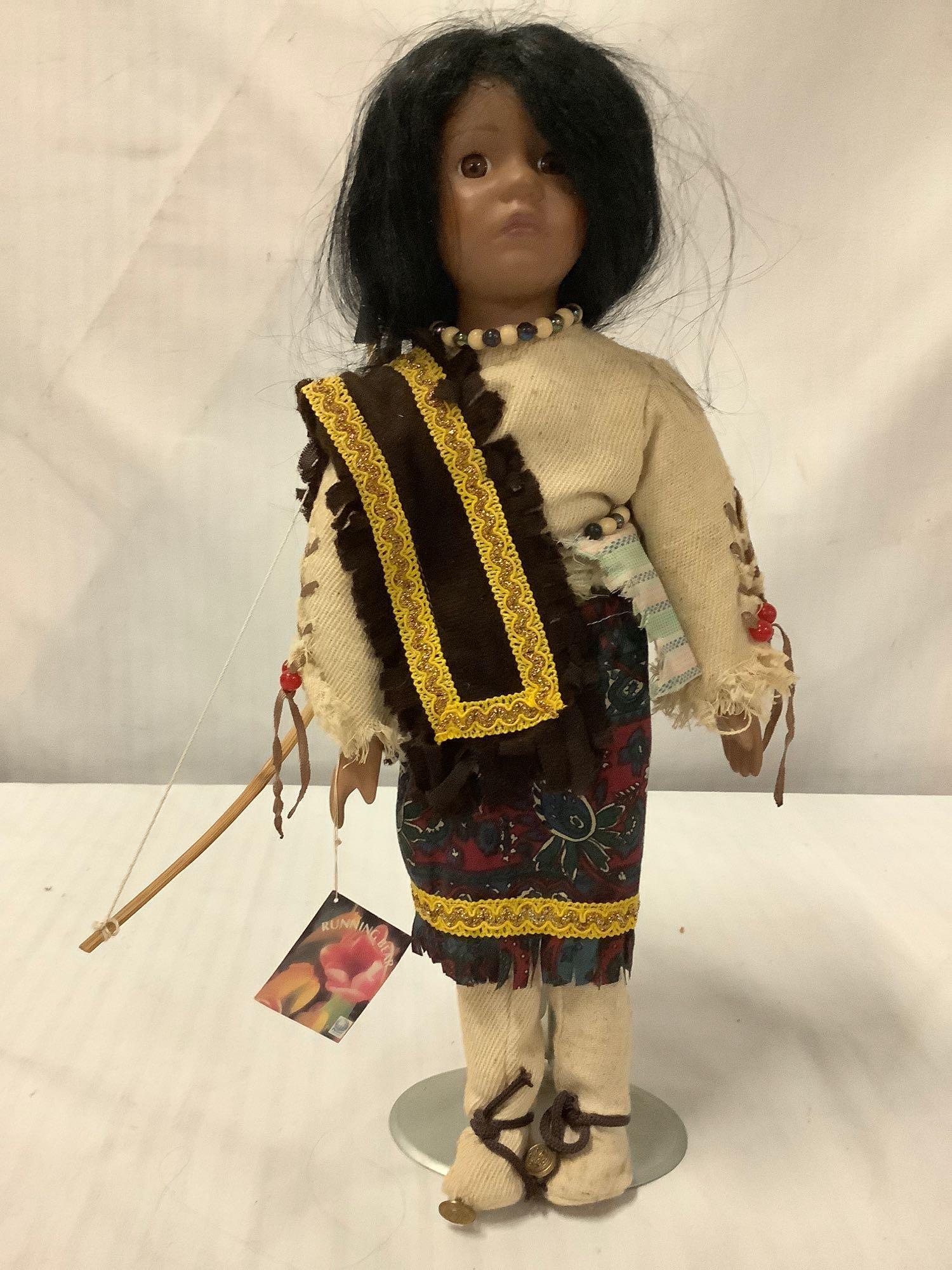 Limited Edition Native American designed porcelain doll by Running Bear, with tag/COA, approx 16x6