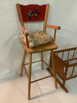 Lot of 2 vintage wooden doll furniture high chair with painted back and rocking cradle crib, approx