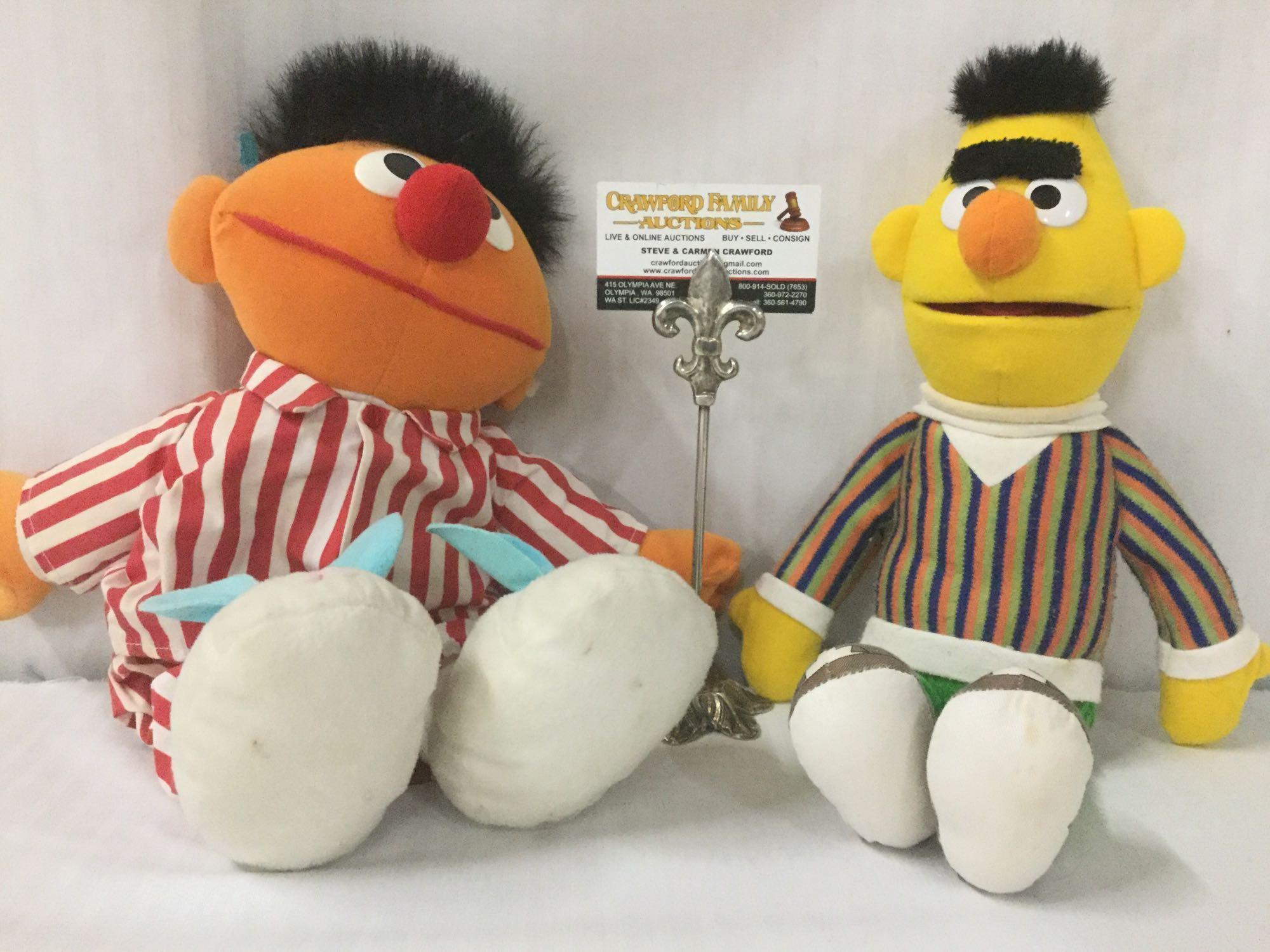 Bert and Ernie Sesame Street plush toys from Tyco. Ernie has a voicebox that is tested and working.