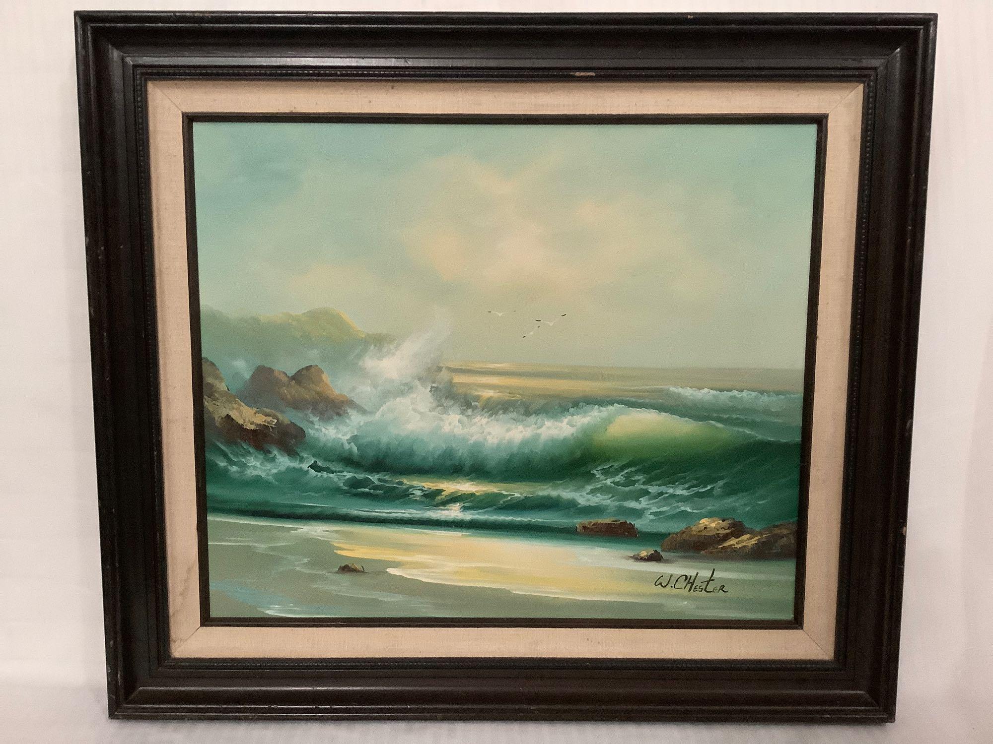 Framed original Oceanside surf & shore scene oil painting - signed by artist W. Chester