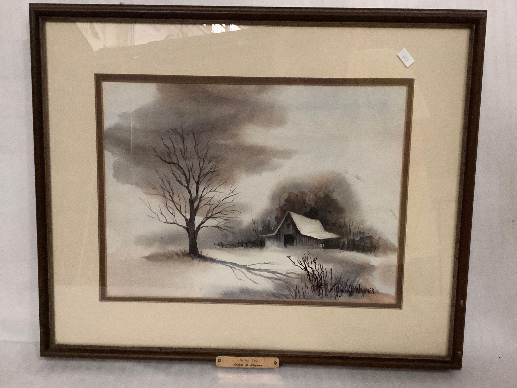 Framed original watercolor "Winter Eve" of a barn/farm in winter signed by artist Judith B Wagner