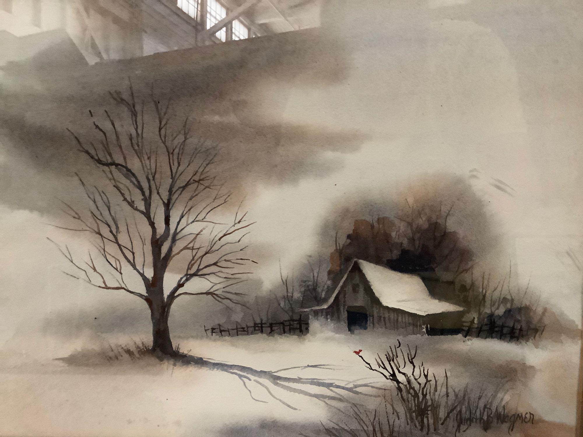 Framed original watercolor "Winter Eve" of a barn/farm in winter signed by artist Judith B Wagner