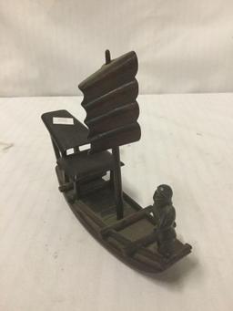 Vintage carved wood junk boat with affixed sailor - as is