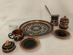 Vintage copper Turkish coffee set with inlaid design, 2 cups w/ lids & saucers, serving tray etc