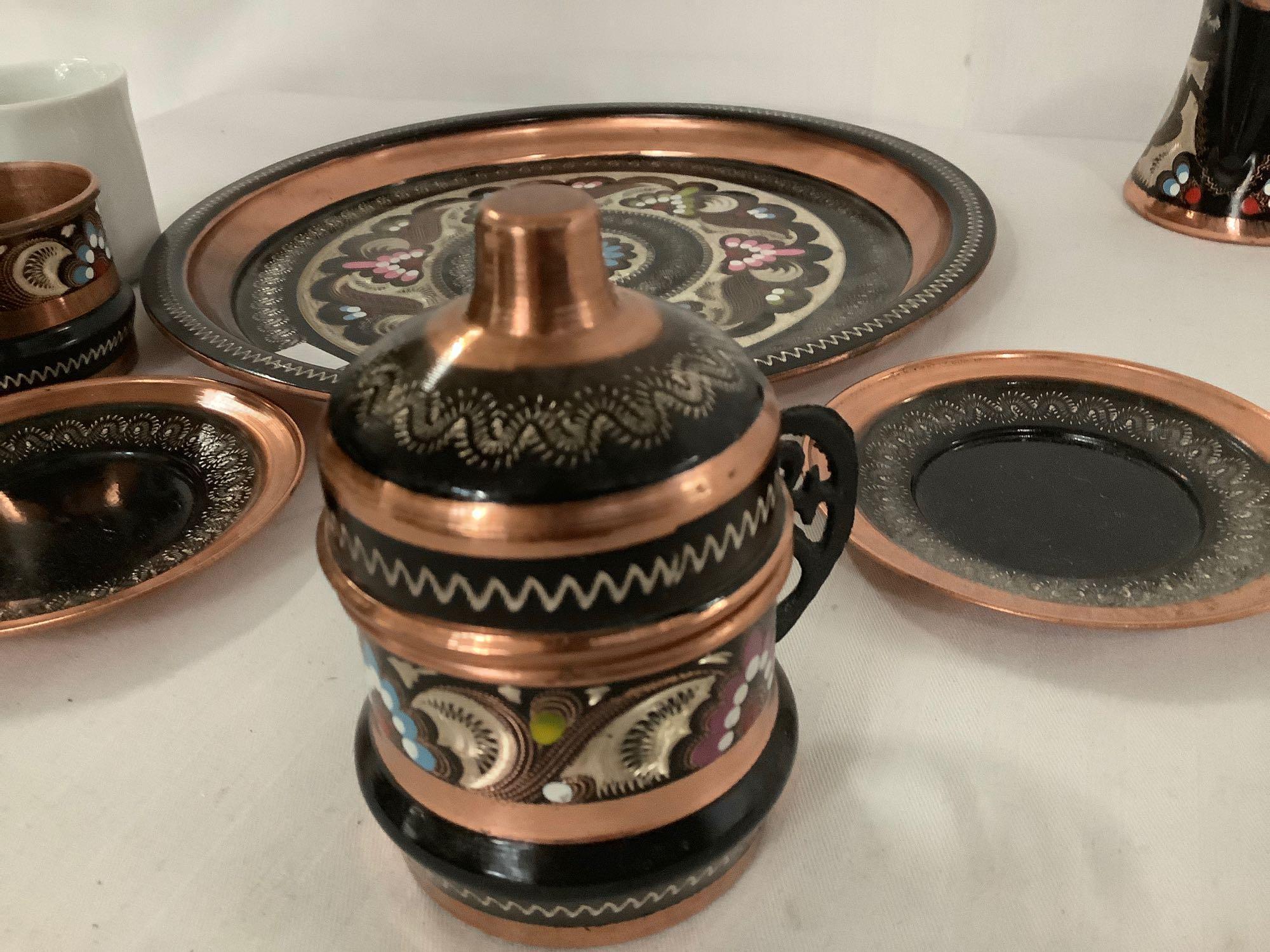 Vintage copper Turkish coffee set with inlaid design, 2 cups w/ lids & saucers, serving tray etc