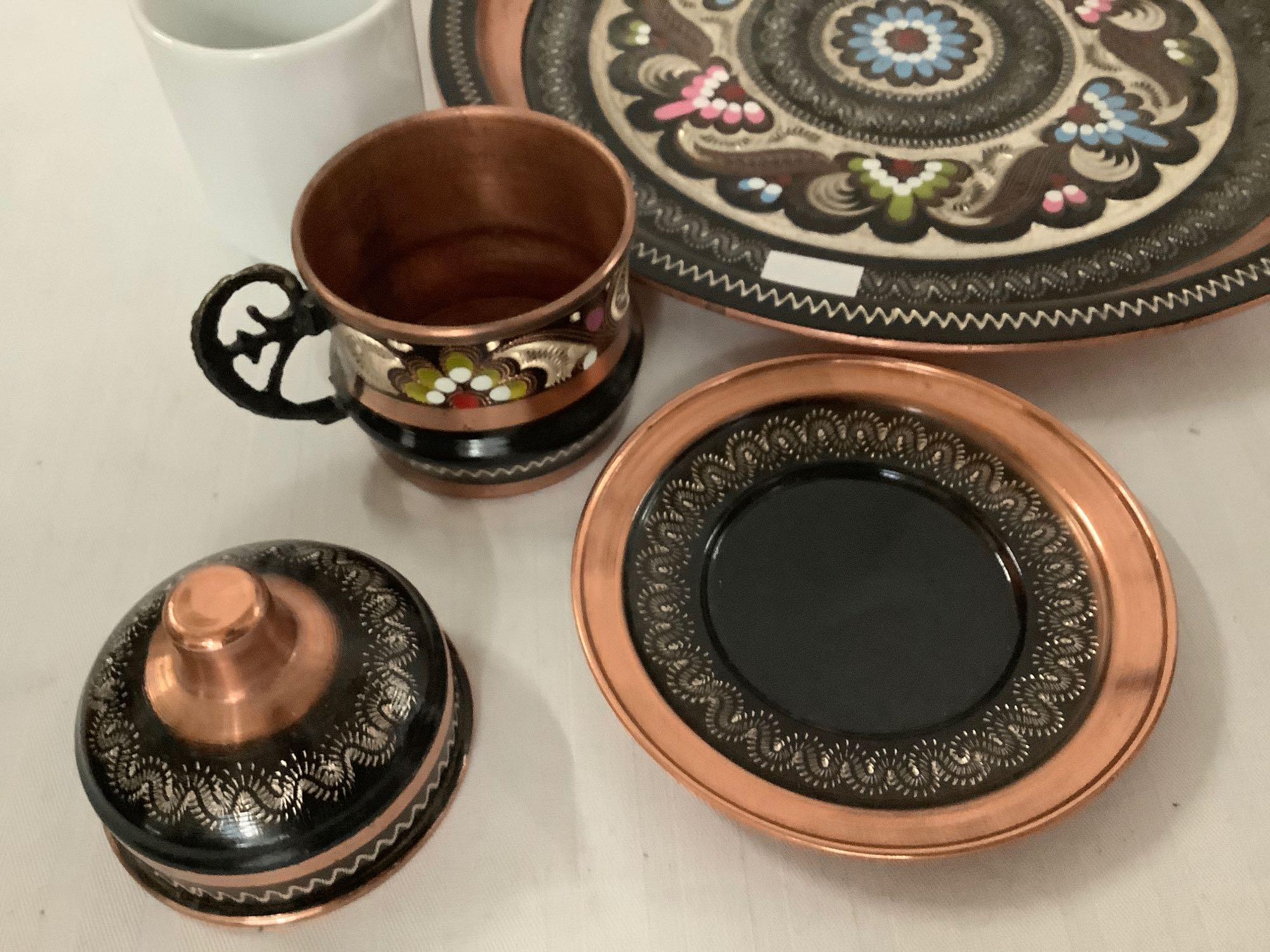 Vintage copper Turkish coffee set with inlaid design, 2 cups w/ lids & saucers, serving tray etc