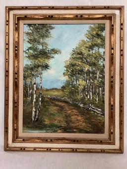 Framed original Forest scene canvas oil painting signed by artist Pamela Love (Bellevue, WA)