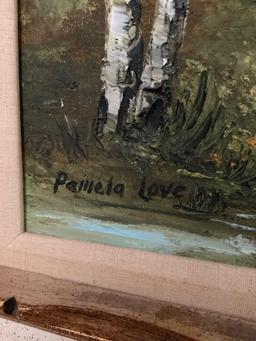 Framed original Forest scene canvas oil painting signed by artist Pamela Love (Bellevue, WA)