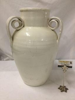 Large ceramic hand made crockery jug with double handles and nice off-white glaze