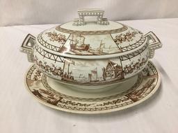 Large KW Esther Moore & Co Porcelain soup tureen/serving dish with plate - no spoon as is