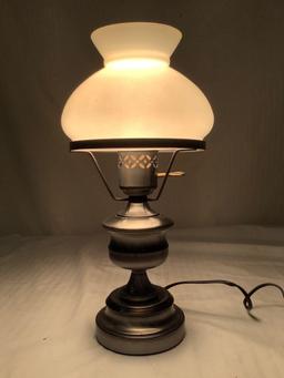 Small vintage style brushed steel base hurricane table lamp with glass shade